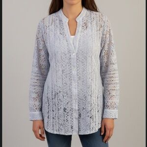 120% Lino Chic White Lace Linen Women's blouse size 48